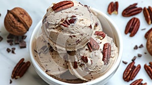 Pecan nuts in chocolate ice cream scoop