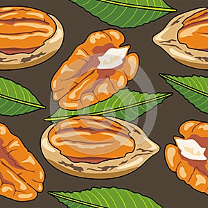 Pecan nuts isolated on dark background. Seamless pattern