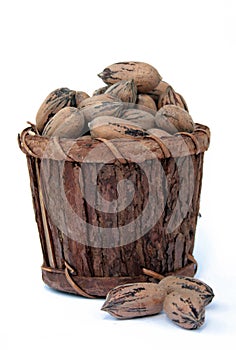 Pecan Nuts in Wooden Bucket