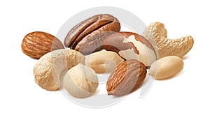 Pecan, peanut, cashew, hazelnut and almond nuts isolated on white background