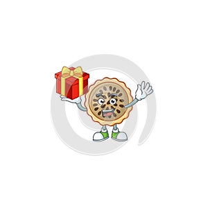 Pecan pie mascot with bring gift on white background