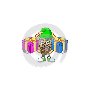 Pecan pie mascot with bring two gifts on white background