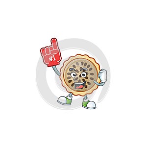 Pecan pie mascot with foam finger on white background
