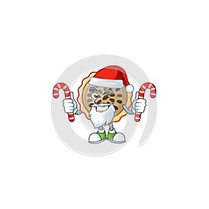 Pecan pie mascot with santa bring candy on white background