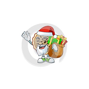 Pecan pie mascot with santa bring gift on white background