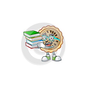 Pecan pie mascot with student bring book on white background