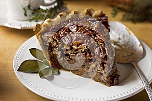 Pecan Pie with vintage plate and serving utensil