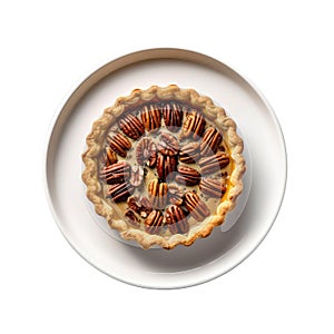 Pecan Pie On White Smooth Round Plate On Isolated Transparent Background U.S. Dish. Generative AI