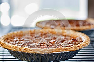 Pecan pies cooling on a rack