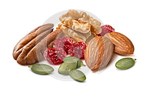 Pecan, walnut, almonds, green pumpkin seeds and dried cranberry isolated on white background. Nut and berries mix