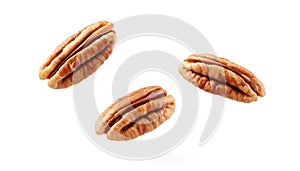 Pecans flying mid-air, isolate on white background. Collection