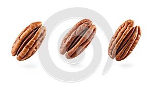 Pecans flying mid-air, isolate on white background. Collection