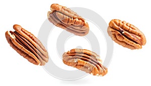 Pecans flying mid-air, isolate on white background. Collection