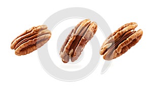 Pecans flying mid-air, isolate on white background. Collection