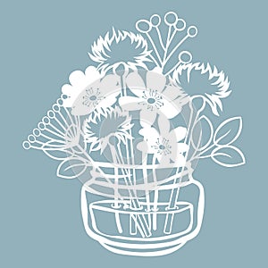 Pechenocna, dandelion and stokesia in a jar of water. Vector illustration. Paper flower, stickers. Laser cut. Template for Plotter