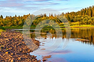 Pechora river at golden hour. Komi Republic. Russia