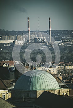 Pecs city with mosque and power station aerial view