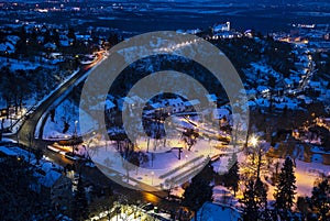 Pecs city at night from above in blue hour