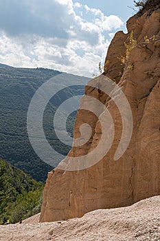 Peculiar red rocks with pinnacles and towers called Lame Rosse in the Sibillini mountains Marche, Italy