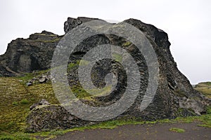 Peculiar rock formation `Hjoldaklettar` in Vesturdalur valley