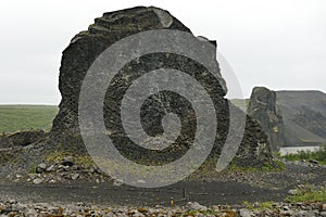 Peculiar rock formation `Hjoldaklettar` in Vesturdalur valley, Iceland