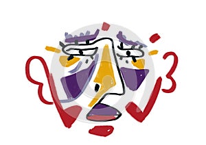 Peculiar sceptically human abstract portrait furious with big eye, nose and hear with primary color painting line with big line