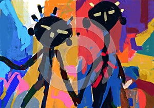 Peculiar two scary black voodoo doll hold hands. African color pattern, mix-media illustration, voodoo doll and graffiti. Artistic