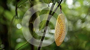 A peculiar yellow fruit hanging from a thin delicate vine on the edge of a dense jungle. The smooth skin of the fruit is photo