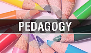 Pedagogy concept banner with texture from colorful items of education, science objects and 1 september School supplies. Pedagogy