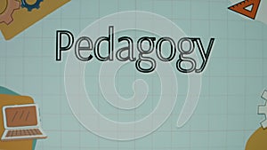 Pedagogy inscription on animated blue background with gears, computer and screwdriver. Education concept. Blurred