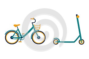 Pedal bike with basket and kick scooter on a white background. Bicycle and e-scooter isolated. Vector flat yellow-green