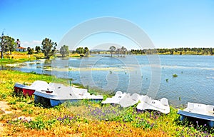 Pedal boats in the Roman dam of Proserpina, province of Badajoz, Spain photo