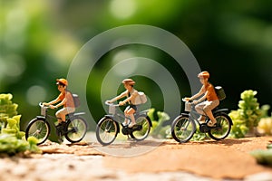 Pedaling joy Miniature people on bicycles with a green bokeh backdrop