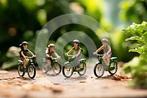 Pedaling joy Miniature people on bicycles with a green bokeh backdrop