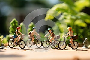 Pedaling joy Miniature people on bicycles with a green bokeh backdrop