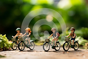 Pedaling joy Miniature people on bicycles with a green bokeh backdrop