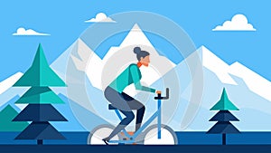 Pedaling on a stationary bike while overlooking a serene mountain range covered in snow.. Vector illustration. photo