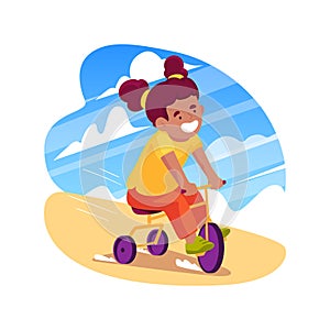 Pedaling a tricycle isolated cartoon vector illustration.