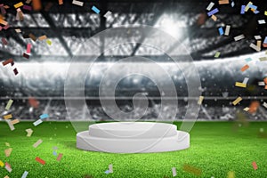 Pedestal in a football stadium surrounded by championship confetti, ideal for product or brand promotion photo