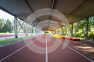 Pedestal with places for rewarding at the sports stadium. Horizontal photo