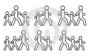 Pedestrian adult person and children walk, escort hold hand, line icon set. Safely cross road and walk symbol. Vector