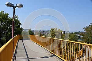 pedestrian birdge running in circles to cross the main road in Koblenz, east of the Rhine