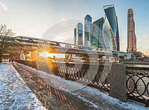 Pedestrian bridge Bagration in the winter at sunset.