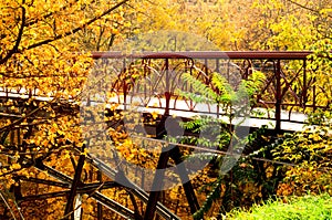 Pedestrian bridge in the city park. Autumn mood. Ukraine, Kiev.