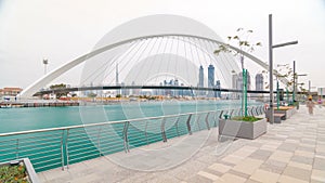 Pedestrian Bridge over the Dubai Water Canal day timelapse, United Arab Emirates