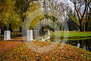 Pedestrian bridge over the narrow river in autumn city public park