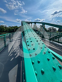 A pedestrian bridge over the Oder River in Opole, Poland, constructed using riveted technology