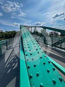 A pedestrian bridge over the Oder River in Opole, Poland, constructed using riveted technology