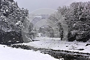 A pedestrian bridge in Shirakawa-go, a UNESCO world heritage site in Japan