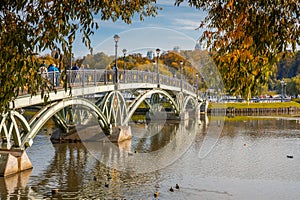 Pedestrian bridge to the island Horseshoe in Tsaritsyno park on autumn day. Moscow. Russia